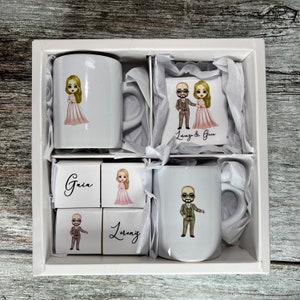 2 tazzine da caffè personalizzate 1 calamita 24 cioccolatini in scatola regalo idea regalo coppia matrimonio anniversario bomboniera chibi