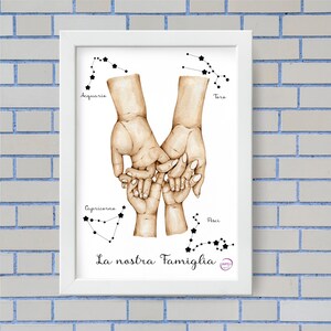 Quadretto personalizzato famiglia o coppia con costellazioni zodiaco con mani idea regalo con uno o due bambini con cornice 18x13 cm 29,5x21