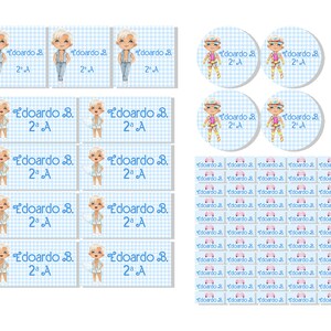 Set di etichette adesive scolastiche bambola alla moda fashion boy personalizzate con nome classe per matite penne quaderni libri  4 misure