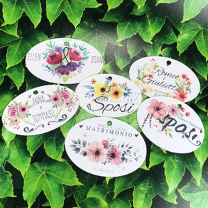 10 cartellini tag bigliettini ovali personalizzati decorazione floreale per bomboniere segnaposto cerimonie matrimonio nozze oro argento