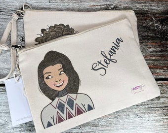 Pochette bustina astuccio personalizzato con ritratto caricaturale di ragazza idea regalo compleanno anniversario festa mamma amica sorella