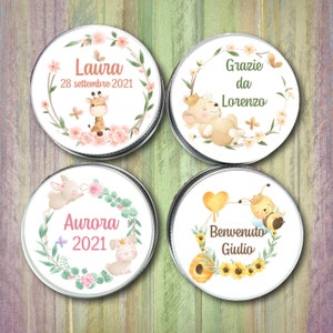 4 scatoline in alluminio per confettini battesimi comunioni nascite leoncini coniglietti giraffe api orsetti maialini panda zebre