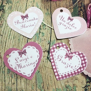 10 cartellini tag bigliettini forma di cuore personalizzati bomboniere segnaposto battesimo nascita babyshower compleanno cresima comunione