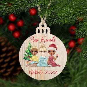 Decorazione per albero di Natale in legno personalizzata migliori amiche in stile chibi frase personalizzata idea regalo natalizia ornamento