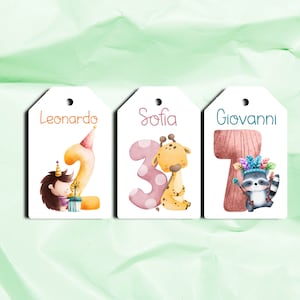 12 cartellini tag bigliettini compleanno bambini 1-9 anni personalizzati con nomi numero anni animali bomboniere ricordino regalo fine festa