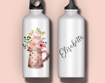 Borraccia personalizzata con nome o scritta Bottiglia alluminio acqua riutilizzabile ecologica sport tempo libero ufficio disegni di fiori