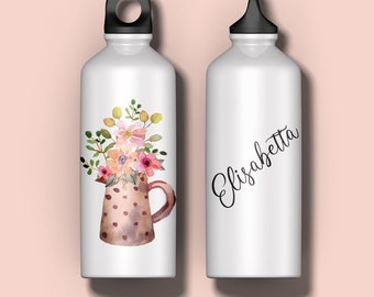 Borraccia personalizzata con nome o scritta, bottiglia alluminio riutilizzabile ecologica, sport tempo libero ufficio fiori
