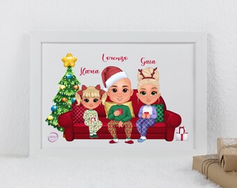Quadretto personalizzato famiglia natalizia in stile chibi idea regalo per coppie con bambini natale pigiama con cornice 18x13 cm o 29,5x21