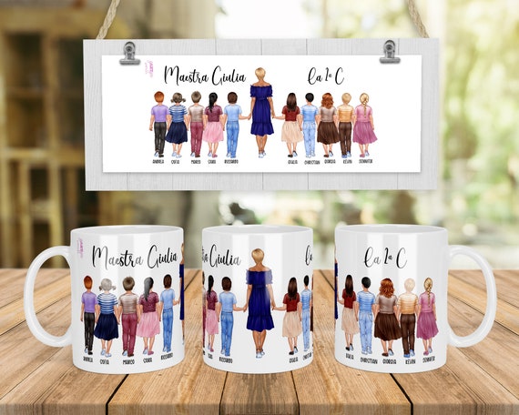 Tazza personalizzata maestra con bambini, frase e nomi, regalo insegnante, tata o babysitter fine anno