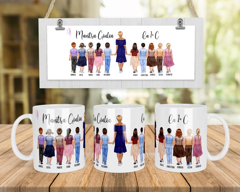 May include: White ceramic mug featuring a personalized illustration of a teacher and students. The design includes the text "Maestra Giulia" and "la 1 C" along with the names of the students. The image also shows a framed print with the same design.