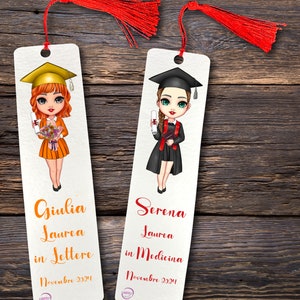 Segnalibri Personalizzati in Cartoncino Martellato, Set da 12, Bomboniera Segnaposto Laurea Diploma ragazzza, 20x5 cm, con Nappina rossa