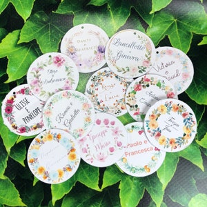 22 cartellini tag bigliettini tondi personalizzati floreale bomboniere segnaposto cerimonie matrimonio comunione battesimo nozze oro argento