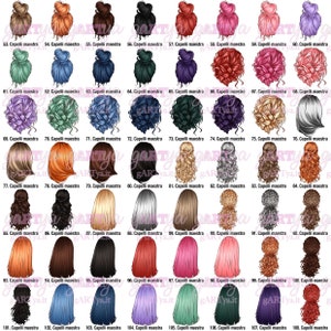 May include: A collection of 56 illustrations of various hairstyles, each with a unique color and style. The images are numbered and labeled with the text "Capelli maestra" and the website "gARTya.it". The hairstyles range from buns to flowing locks.