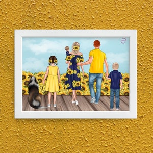 Quadro personalizzato con famiglia in estate con girasoli mamma papà bambini e cane idea regalo coppia