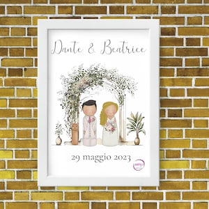 Coppia di sposi quadretto stampa personalizzata con disegno peg doll regalo ricordo nozze per matrimonio con neonato cane e gatto bambino