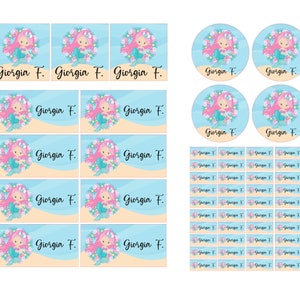 Set di etichette adesive scolastiche sirenetta personalizzate nome per matite penne quaderni libri materiale scolastico 4 misure