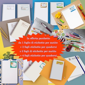 Offerta pacchetti Ritorno a Scuola 1 e 2 – 1 o 2 fogli di etichette scolastiche per matite e 2 o 4 fogli di etichette per libri e quaderni