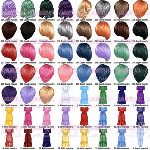 May include: A collection of digital illustrations featuring various hairstyles and dresses. The hairstyles are diverse, ranging from braids to bobs, in colors like purple, blonde, and black. The dresses come in a variety of colors and styles, including floral and solid patterns.