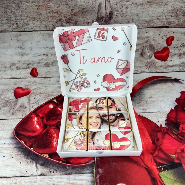 Scatolina con 9 cioccolatini personalizzati con foto e cornice a scelta san valentino festa degli innamorati regalo fidanzata moglie amante