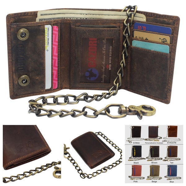 Personalized Biker Wallet RFID Vintage Leather Trifold Chain Wallet for Men COLORS Custom Names