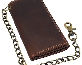 Personalized Bikers RFID Safe Cow Vintage Leather Brown Long Checkbook Trifold Chain Wallet for Men