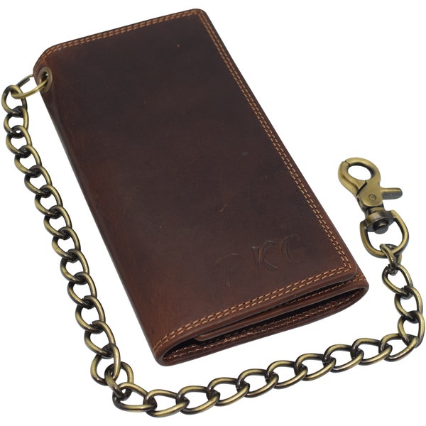 Personalized Bikers RFID Safe Cow Vintage Leather Brown Long Checkbook Trifold Chain Wallet for Men