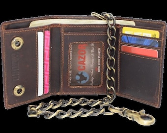 Personalized Biker Wallet RFID Vintage Leather Brown Trifold Chain Wallet for Men