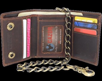 Personalized Biker Wallet RFID Vintage Leather Brown Trifold Chain Wallet for Men