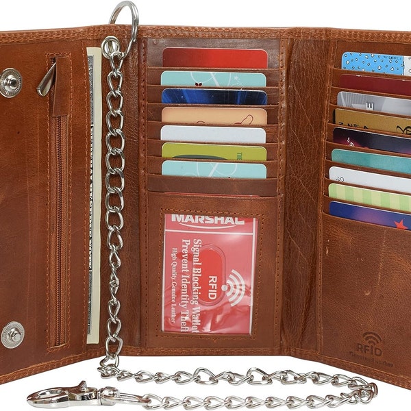 Personalized Bikers RFID Safe Cow Vintage Leather Long Checkbook Trifold Chain Wallet for Men COLORS Tan Black Pink Beige