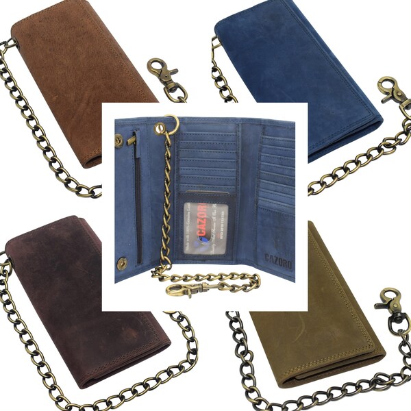 Personalized Bikers RFID Safe Cow COLORS Leather Long Checkbook Trifold Chain Wallet for Men