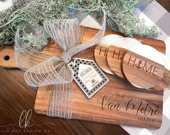 Personalized Closing Gift Set | Engraved Serving Board | Housewarming Gift Basket | Wood Drink Coasters | Realtor Client Gift | Cheese Board