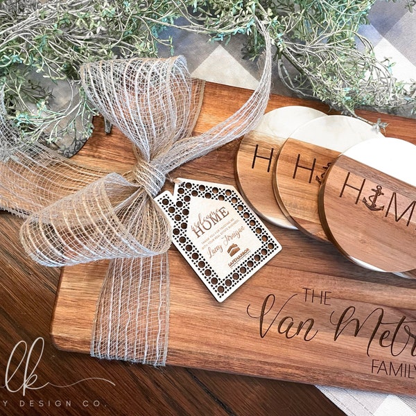 Personalized Closing Gift Set | Engraved Serving Board | Housewarming Gift Basket | Wood Drink Coasters | Realtor Client Gift | Cheese Board