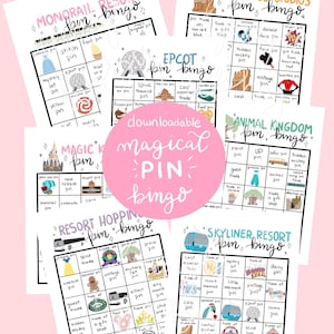 May include: Downloadable Magical Pin Bingo sheets featuring various Disney resort themes. Each sheet has a different theme, such as Monorail Resort, Hollywood Studios, and Animal Kingdom. The sheets are on a pink background.