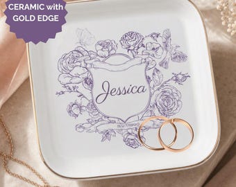 Ceramic Jewelry Dish Gold Rim Trinket Tray Personalized Ring Holder Rectangular Wedding Keepsake Bridesmaid Gift Floral Catchall Vanity
