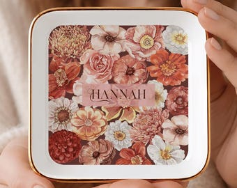 Personalized Ring Trinket Dish Ceramic Catchall Jewelry Tray Trinket Holder Floral Decorative Custom Gift Idea Her Organizer Engagement Ring