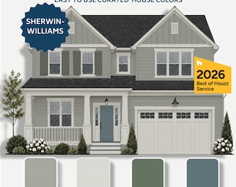 Paleta de colores verde apagado para exteriores Guía de esquemas de color para casas Sherwin Williams Sage Plan de mejoras para el hogar Estilo tradicional de transición