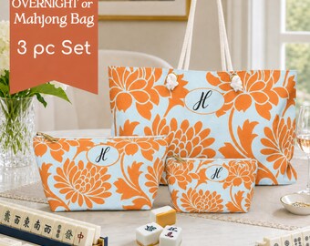 Custom Mahjong Player Gift Idea Bag Tile Mahjong Racks Accessories 3pc set Weekender Bag Her Travel Overnight Bag Tote Shopping Personalized
