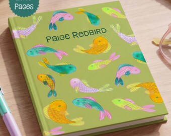 Goldfish Hardcover Journal Gift for Writer Artistic Notebook Personalized Custom Name Monogrammed Diary Whimsical Fish Art Student Lined