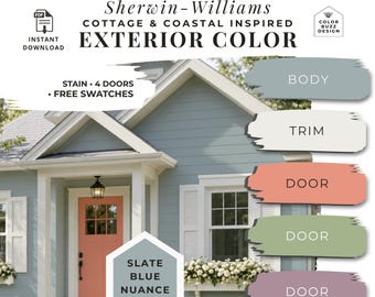 Coastal Exterior Color Palette Blue House Color Ideas Cottage Colors Farmhouse Home Improvement Airbnb Curb Appeal Sherwin-Williams