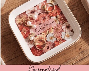 Personalized Engagement Ring Dish Ceramic Catchall Jewelry Tray Trinket Holder Floral Decorative Custom Gift Idea Her Jewelry Organizer