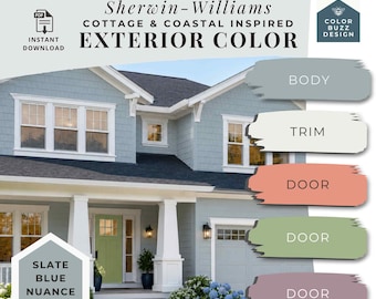 Coastal Exterior Color Palette Blue House Color Ideas Cottage Colors Farmhouse Home Improvement Airbnb Curb Appeal Sherwin Williams