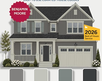 Guía de paleta de colores para exteriores en tonos carbón cálido Herramienta de planificación de esquemas de color para casas Proyecto de renovación Recurso de diseño para propietarios Benjamin Moore
