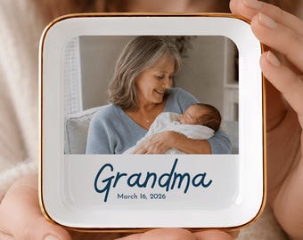 Custom Photo Jewelry Dish for Grandmother Gold-rimmed Ceramic Keepsake
