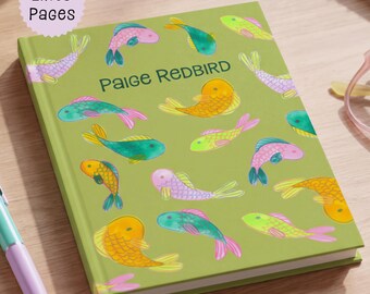 Goldfish Hardcover Journal Gift for Writer Artistic Notebook Personalized Custom Name Monogrammed Diary Whimsical Fish Art Student Lined