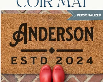 Personalized Coir Doormat Custom Surname Welcome Mat Wedding Gift Housewarming Art Deco Front Porch Rug Custom Entry Mat Family Name