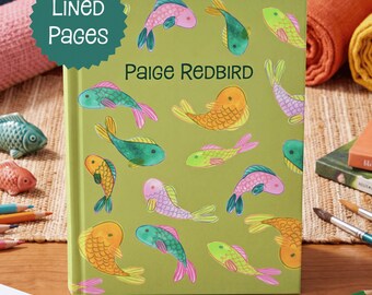 Goldfish Hardcover Journal Gift for Writer Artistic Notebook Personalized Custom Name Monogrammed Diary Whimsical Fish Art Student Lined
