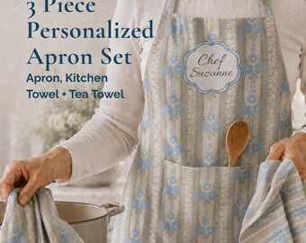 Personalized Apron with Pocket Gift Set Cooking Towel Kitchen Apron Tea Towel Farmhouse Baking Apron Women Cottagecore Apron Gift Idea Cook