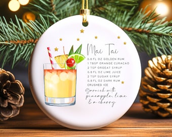 Mai Tai Cocktail Holiday Decoration, Holiday Drink Recipe Ornament, White Elephant Gifts, Stocking Stuffers, Cocktail Menu, Customer Gift