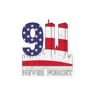We zullen nooit vergeten Sticker, 9/11 Sticker, 9-11 Sticker, Amerikaanse vlag, Twin Towers, World Trade Center, Patriot Day 11 september 2001