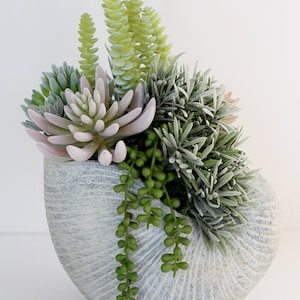 May include: A faux succulent arrangement in a gray seashell-shaped planter. The arrangement features a variety of green and pink succulents, including string of pearls.